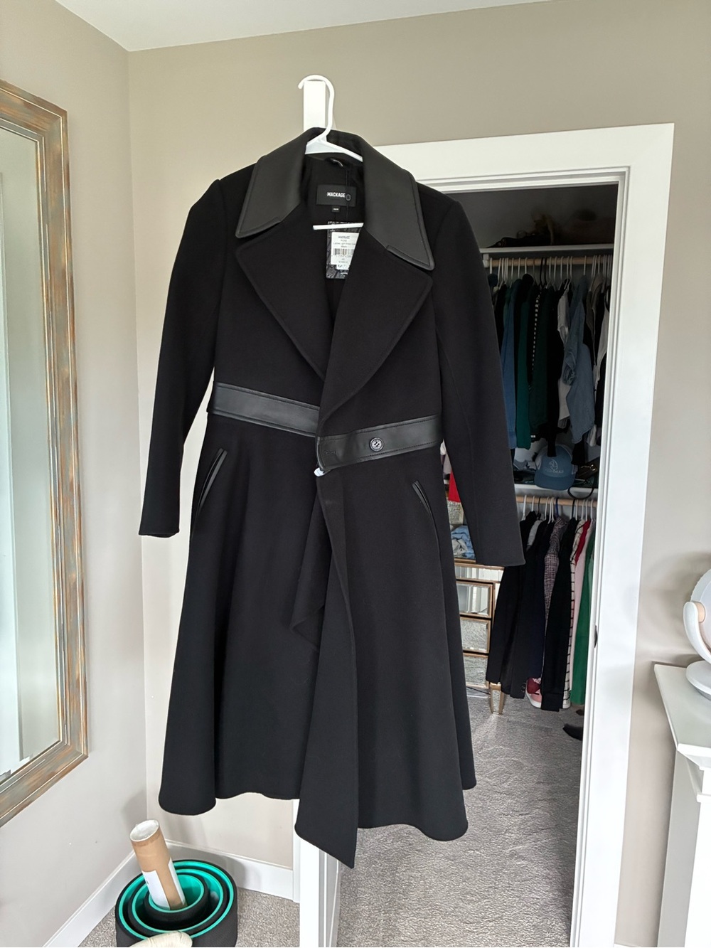 Mackage Black Wool Trench Coat with Leather Trim